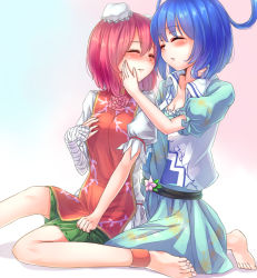 Rule 34 | 2girls, ^ ^, arm garter, bandaged arm, bandages, barefoot, blue dress, blue hair, blush, borushichi, grabbing another&#039;s breast, breasts, bun cover, cleavage, closed eyes, cuffs, double bun, dress, face-to-face, flower, grabbing, green skirt, hair bun, hair rings, hand on another&#039;s cheek, hand on another&#039;s face, ibaraki kasen, imminent kiss, kaku seiga, medium breasts, multiple girls, open clothes, open vest, parted lips, pink flower, pink hair, pink rose, puffy short sleeves, puffy sleeves, rose, sash, shackles, shirt, short hair, short sleeves, simple background, sitting, skirt, skirt grab, small breasts, tabard, touhou, vest, white shirt, white vest, yuri