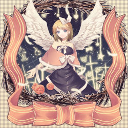 Rule 34 | 1girl, angel wings, bare shoulders, black dress, blonde hair, blue eyes, capelet, checkered background, circle, cross, dress, feathered wings, feathers, flower, fur trim, glowing, gown, hair ribbon, hairband, kagamine rin, red flower, red rose, ribbon, rose, short hair, solo, strapless, strapless dress, vioro, vocaloid, wings
