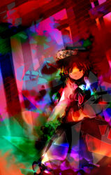 Rule 34 | 1girl, closed mouth, collared shirt, colorful, commentary request, cowboy shot, film grain, hat, jacket girl (dipp), kaigen 1025, long hair, long sleeves, multicolored background, neck ribbon, ribbon, shirt, skirt, solo, torii, touhou