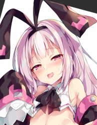 Rule 34 | 1girl, animal ears, azur lane, bare shoulders, blush, commentary request, detached sleeves, eyebrows, fake animal ears, hobby (azur lane), long hair, looking at viewer, open mouth, pink eyes, pink hair, rabbit ears, simple background, smile, solo, sweat, sweatdrop, tears, tongue, tongue out, unacchi (nyusankin), white background