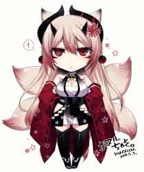 Rule 34 | !, + +, 1girl, animal ears, bare shoulders, black thighhighs, blush, breasts, chibi, cleavage, commentary request, dated, fox ears, fox tail, full body, gradient hair, hair ornament, hands on own hips, horns, konshin, large breasts, long hair, long sleeves, looking at viewer, mismatched pupils, multicolored hair, multiple tails, obi, original, parted lips, pink hair, red eyes, sandals, sash, signature, simple background, solo, spoken exclamation mark, tail, thighhighs, very long hair, white background, wide sleeves