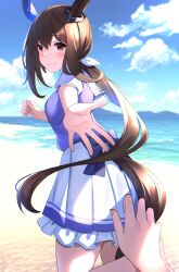 Rule 34 | 1girl, 1other, admire vega (umamusume), animal ears, back bow, beach, blue eyes, blush, bow, brown eyes, closed mouth, clothing cutout, commentary request, cowboy shot, ear covers, highres, horse ears, horse girl, horse tail, long hair, looking back, ocean, outdoors, pleated skirt, pov, puffy short sleeves, puffy sleeves, purple bow, purple shirt, sand, school uniform, shirt, short sleeves, single ear cover, skirt, smile, tail, tail through clothes, tracen school uniform, umamusume, water, white skirt, zeatto