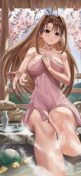Rule 34 | 1girl, absurdres, bare arms, bare shoulders, blush, breasts, brown hair, cleavage, collarbone, commentary, english commentary, highres, large breasts, long hair, looking at viewer, love hina, mixed-language commentary, narusegawa naru, onsen, outdoors, outstretched hand, silvertsuki, sitting, smile, solo, towel, turtle, water