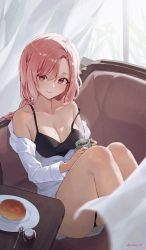 Rule 34 | 1girl, absurdres, bare legs, bare shoulders, black panties, black tank top, blush, bottle, breasts, character request, cleavage, closed mouth, coffee, coffee mug, collarbone, couch, cup, drink, food, highres, holding, holding cup, holding drink, indie virtual youtuber, indoors, knees up, koharu nako, large breasts, long hair, long sleeves, looking at viewer, mole, mole on breast, mug, off shoulder, on couch, panties, pink hair, plate, red eyes, shirt, sitting, smile, solo, sooon, spoon, strap slip, swept bangs, table, tank top, twitter username, unbuttoned, unbuttoned shirt, underwear, virtual youtuber, white curtains, white shirt