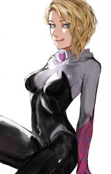 Rule 34 | 1girl, blonde hair, blue eyes, bodysuit, breasts, covered navel, gwen stacy, highres, hood, hoodie, licking lips, looking at viewer, marvel, medium breasts, multicolored clothes, raberu ruru, simple background, skin tight, spider-gwen, spider-man: across the spider-verse, spider-man: into the spider-verse, spider-man (series), spider-verse, spider web print, thighs, tongue, tongue out, upper body, white background