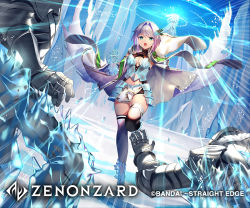 Rule 34 | 1girl, armor, black thighhighs, blue eyes, blue sky, breasts, cleavage, company name, copyright name, gauntlets, ice, looking at viewer, miyano akihiro, official art, open mouth, outdoors, purple hair, short shorts, shorts, skirt, sky, small breasts, solo, standing, thighhighs, watermark, weapon, wide sleeves, zenonzard