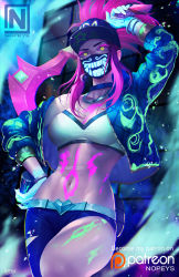 Rule 34 | 1girl, akali, bare shoulders, baseball cap, belt, blue eyes, blue jacket, bracelet, breasts, choker, cleavage, collar, crop top, earrings, fingerless gloves, gloves, hand on own hip, hat, holding, holding weapon, idol, jacket, jewelry, k/da (league of legends), k/da akali, league of legends, long hair, looking at viewer, microphone, midriff, nail polish, navel, nopeys, off shoulder, pink hair, ponytail, solo, spray can, tile floor, tiles, toned, ultraviolet light, weapon