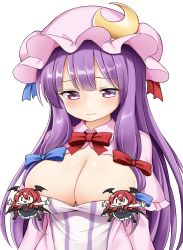 Rule 34 | 1girl, blush, breasts, censored, censored nipples, character censor, cleavage, closed mouth, commentary request, crescent, crescent pin, dress, hat, highres, koakuma, large breasts, long hair, looking down, mob cap, novelty censor, paid reward available, patchouli knowledge, purple eyes, purple hair, purple hat, simple background, solo, striped clothes, striped dress, suwa yasai, touhou, upper body, vertical-striped clothes, vertical-striped dress, white background