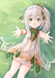 Rule 34 | 1girl, :d, bracelet, chabashira ribbon, commentary request, detached sleeves, from above, genshin impact, gradient hair, grass, green eyes, grey hair, hair between eyes, hair ornament, highres, jewelry, long hair, looking at viewer, looking up, lying, multicolored hair, nahida (genshin impact), on back, open mouth, pointy ears, reaching, reaching towards viewer, short sleeves, side ponytail, sidelocks, smile, solo, symbol-shaped pupils, two-tone hair