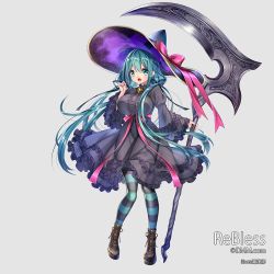 Rule 34 | 1girl, aqua eyes, aqua hair, axe, blush, boots, breasts, dmm, gem, hair ornament, hat, jewelry, large breasts, long hair, multicolored clothes, multicolored legwear, open mouth, original, rebless, ribbon, solo, turtleneck, very long hair, weapon, witch hat, yuasa akira