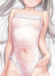 Rule 34 | 1girl, bed, bed sheet, blush, breasts, head out of frame, highres, kouhai-chan (mignon), long hair, lying, mignon, navel, on back, one-piece swimsuit, original, out of frame, see-through, small breasts, smile, solo focus, swimsuit, twintails, wet, wet clothes, white one-piece swimsuit