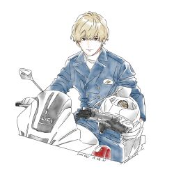 Rule 34 | 1boy, absurdres, artist name, blonde hair, blue pants, bright pupils, buttons, closed mouth, commentary request, cool doji danshi, cowboy shot, dated, futami shun, gloves, grey gloves, helmet, highres, holding, holding helmet, lapels, looking at viewer, male focus, nata kokone, pants, police motorcycle, shirt, short hair, side-view mirror, simple background, sitting, solo, turtleneck, white background, white pupils, white shirt