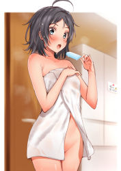 Rule 34 | 1girl, absurdres, ahoge, black hair, blue eyes, blush, breasts, collarbone, commentary request, cowboy shot, eating, food, highres, hikigaya komachi, holding, kitaku (nakamachi machi), looking at viewer, naked towel, navel, open mouth, popsicle, short hair, small breasts, solo, standing, towel, wet, yahari ore no seishun lovecome wa machigatteiru.