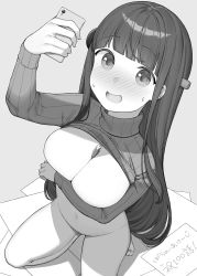 Rule 34 | 1girl, between breasts, blush, bottomless, breast hold, breasts, clothes lift, greyscale, highres, holding, holding phone, long hair, long sleeves, monochrome, navel, ol mahonanoka, open mouth, original, papers, pen, phone, seiza, selfie, sitting, sweatdrop, sweater, teacher, turtleneck, turtleneck sweater