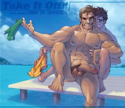Rule 34 | 2boys, armpits, artist request, bara, censored, character request, completely nude, copyright request, day, dock, english text, flaccid, foot out of frame, full body, green male swimwear, green swim briefs, highres, holding, holding clothes, holding male swimwear, holding swimsuit, island, male focus, male pubic hair, male swimwear, male swimwear removed, mosaic censoring, multiple boys, muscular, muscular male, nipples, nude, outdoors, pectorals, penis, pubic hair, sitting, source request, swim briefs, swim trunks, swimsuit, toothpick, unworn swimsuit, water, yaoi, yellow male swimwear, yellow swim trunks