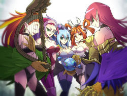 Rule 34 | 5girls, animal hands, armor, astrolabe, blue hair, boobplate, breastplate, breasts, celestial globe, claws, cleavage, clothing cutout, commentary request, cyber harpie lady, cyber slash harpie lady, duel monster, earrings, green eyes, haku yui (shirayui255), harp, harpie channeler, harpie harpist, harpie lady, harpie oracle, harpie perfumer, harpy, holding, holding instrument, hoop earrings, instrument, jewelry, long hair, medium breasts, monster girl, multicolored hair, multiple girls, navel, navel cutout, orange eyes, orange hair, pink hair, pointy ears, purple hair, simple background, spiked armor, two-tone hair, white background, winged arms, wings, yu-gi-oh!