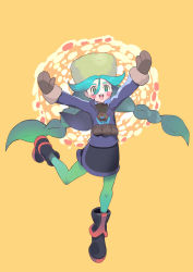 Rule 34 | 1girl, :d, absurdres, arms up, black footwear, black skirt, blue jacket, blush stickers, boots, braid, bright pupils, brown mittens, commentary request, creatures (company), eyelashes, fur hat, game freak, green eyes, green hair, green hat, green pantyhose, hair between eyes, hat, highres, hiro (user negm3832), jacket, leg up, long hair, long sleeves, mittens, nintendo, open mouth, pantyhose, pokemon, pokemon legends: arceus, sabi (pokemon), skirt, smile, solo, standing, standing on one leg, teeth, tongue, twin braids, twintails, upper teeth only