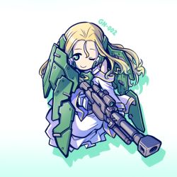 Rule 34 | 00s, 1girl, bare shoulders, blonde hair, chinese clothes, dress, dynames, green eyes, gun, gundam, gundam 00, gundam dynames, hair between eyes, ishiyumi, long hair, mecha musume, meimei (p&amp;d), off shoulder, one eye closed, puzzle &amp; dragons, rifle, shadow, smile, sniper rifle, solo, weapon