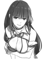 Rule 34 | 1girl, atago (warship girls r), bad id, bad pixiv id, bare shoulders, blunt bangs, blush, breasts, cleavage, cleavage cutout, clothing cutout, detached sleeves, eyebrows, greyscale, highres, large breasts, lips, long hair, looking at viewer, lulu heika, monochrome, remodel (warship girls r), smile, solo, tassel, upper body, warship girls r, white background