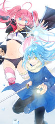 Rule 34 | 1boy, 1girl, :d, absurdres, ahoge, black bow, black cape, black nails, black panties, black pants, blue coat, blue eyes, blue hair, bow, breasts, cape, closed mouth, coat, crop top, fang, floating hair, hair between eyes, highres, holding, holding sword, holding weapon, katana, long hair, looking at viewer, midriff, milim nava, nail polish, navel, open mouth, panties, pants, pink hair, rimuru tempest, side-tie panties, signature, small breasts, smile, stomach, straight hair, sword, tensei shitara slime datta ken, twintails, underwear, very long hair, wata miya (shiro momen), weapon, white background, yellow eyes