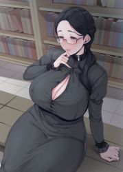 Rule 34 | 1girl, black dress, black hair, book, bookshelf, braid, breasts, cleavage, commentary request, curvy, dress, fingers to chin, french braid, glasses, grey eyes, hand on own chin, high collar, highres, large breasts, mature female, nakamura regura, original, parted bangs, parted lips, pink lips, sitting, solo, tile floor, tiles, unbuttoned