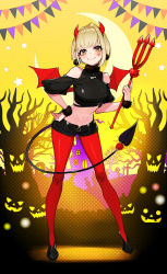 Rule 34 | 1girl, bare tree, black footwear, black shirt, black shorts, blush, breasts, brown eyes, clothing cutout, crescent, demon girl, demon horns, demon tail, demon wings, earrings, facial mark, full body, hair intakes, hand on own hip, heart, high heels, highres, holding, horns, jewelry, leaning forward, light brown hair, looking at viewer, marinasu (kari), medium breasts, midriff, navel, pantyhose, pantyhose under shorts, parted lips, pennant, polearm, puffy short sleeves, puffy sleeves, red pantyhose, red wings, shirt, shoes, short hair, short shorts, short sleeves, shorts, shoulder cutout, smile, solo, standing, star (symbol), string of flags, suzuna subaru, tail, tree, trident, virtual youtuber, weapon, wings, yuu (higashi no penguin)