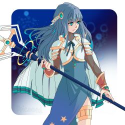 Rule 34 | 1girl, alpha transparency, aqua eyes, aqua gemstone, armor, blue background, blue dress, blue hair, blue ribbon, border, breastplate, bridal gauntlets, brown shirt, closed mouth, cowboy shot, crescent, crescent necklace, dress, epicoon1, halberd, headdress, highres, holding, holding weapon, jewelry, long hair, long sleeves, looking to the side, magia record: mahou shoujo madoka magica gaiden, magical girl, mahou shoujo madoka magica, nanami yachiyo, neck ribbon, necklace, polearm, print dress, ribbon, serious, shirt, side slit, sidelocks, solo, standing, star (symbol), star print, tassel, thighlet, transparent border, turtleneck, veil, weapon, white armor