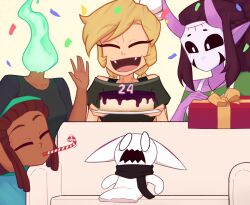 Rule 34 | birthday, black eyes, black shirt, blonde hair, box, brown hair, cake, closed eyes, colored skin, confetti, couch, dark-skinned female, dark skin, dreadlocks, dullahan, fangs, food, happy birthday, highres, horns, jade (xyronii), jewelry, kora (xyronii), mask, neck, necklace, nelly (xyronii), nose, open mouth, original, puppet, purple skin, scarf, shirt, simple background, surprised, xyronii