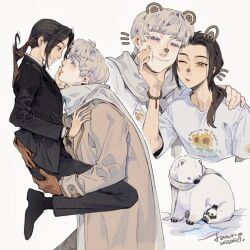 Rule 34 | 2boys, :t, animal, animal ears, animalization, axis powers hetalia, bead necklace, beads, bear, bear ears, black footwear, black hair, black jacket, black necktie, black pants, brown eyes, brown gloves, carrying, cheek squash, child carry, china (hetalia), closed mouth, clothed animal, clothes writing, coat, couple, dated, drawn ears, drawn nose, drawn whiskers, eye contact, fake animal ears, floral print, formal, gloves, grey coat, grey hair, hair over shoulder, half-closed eyes, hand on another&#039;s ass, hand on another&#039;s cheek, hand on another&#039;s chest, hand on another&#039;s face, hand on another&#039;s shoulder, highres, jacket, jewelry, juanmao, lifting person, long hair, long sleeves, looking at another, looking at viewer, looking to the side, low ponytail, male focus, matching outfits, multiple boys, multiple views, necklace, necktie, one eye closed, pants, parted lips, polar bear, ponytail, print shirt, profile, purple eyes, rabbit, rabbit ears, russia (hetalia), scarf, selfie, shirt, shoes, short hair, short sleeves, signature, simple background, size difference, smile, snow, suit, sunflower print, t-shirt, white background, white scarf, yaoi
