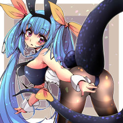 Rule 34 | 1girl, animal ears, ass, bare shoulders, black leotard, blue hair, blush, bow, breasts, cleavage, corset, dizzy (guilty gear), fake animal ears, gloves, guilty gear, guilty gear xrd, hair between eyes, hair ribbon, hair rings, iguana henshuu-chou, large breasts, leaning forward, leggings, leotard, long hair, looking at viewer, looking back, monster girl, necktie, open mouth, pantyhose, playboy bunny, rabbit ears, rabbit tail, red eyes, ribbon, sideboob, solo, tail, thighhighs, twintails, wrist cuffs, yellow ribbon