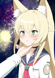 Rule 34 | 1girl, absurdres, animal ears, blonde hair, blue archive, breasts, commentary request, emphasis lines, fang, green eyes, hair between eyes, hand on another&#039;s chin, highres, kurumi (blue archive), long hair, meme, open mouth, school uniform, small breasts, solo focus, space cat (meme), surprised, translation request, tt 0965