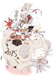 Rule 34 | 1girl, 2015, animal, back bow, black bow, black ribbon, blush stickers, bow, calligraphy brush, chinese zodiac, closed eyes, floating card, floral print, food, from side, fruit, goat, goat horns, grey hair, h kawa, hand fan, hand to own mouth, holding, holding fan, horns, ink, japanese clothes, jar, kimono, kite, long sleeves, mandarin orange, messy hair, mount fuji, new year, open mouth, original, oversized animal, paintbrush, ribbon, seiza, shadow, short hair, sitting, sitting on animal, squeans, sleepy, socks, whipped cream, white background, white kimono, white socks, wide sleeves, yawning, year of the goat, yukata, zzz