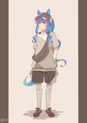 Rule 34 | 1girl, absurdres, alternate hairstyle, animal ears, aqua hair, baseball cap, black footwear, black hat, black shorts, blue eyes, blue hair, casual, closed mouth, commentary, fanny pack, full body, grey background, grey pantyhose, grey shirt, hand in pocket, hat, heterochromia, highres, horse ears, horse girl, horse tail, long hair, looking to the side, messy hair, multicolored hair, pantyhose, pantyhose under shorts, pillarboxed, ponytail, purple eyes, shironagasu senpai, shirt, shoes, short sleeves, shorts, solo, standing, tail, twin turbo (umamusume), twitter username, two-tone hair, umamusume