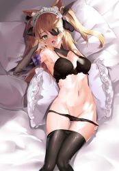 Rule 34 | 1girl, absurdres, alternate costume, animal ears, armpits, bed sheet, black bra, black panties, black pantyhose, black ribbon, blonde hair, bra, breasts, enmaided, eyepatch, fischl (genshin impact), genshin impact, green eyes, hair ribbon, heart, heart-shaped pupils, highres, kemonomimi mode, long hair, looking at viewer, lying, maid, medium breasts, navel, nevin (flyskying), on back, open mouth, panties, panty pull, pantyhose, pillow, ribbon, solo, stomach, symbol-shaped pupils, thighs, tongue, tongue out, two side up, underwear