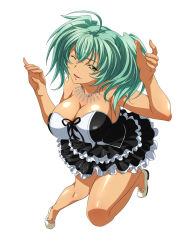 Rule 34 | 1girl, ahoge, breasts, cleavage, dress, full body, green eyes, green hair, ikkitousen, jewelry, large breasts, looking at viewer, necklace, one eye closed, ryofu housen, shiny skin, simple background, skirt, solo, strapless, strapless dress, twintails, white background