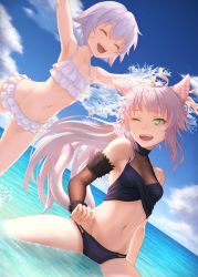 Rule 34 | 2girls, ^ ^, ahoge, animal ears, armpits, arms up, atalanta (fate), atalanta alter (fate), bare shoulders, bikini, cat ears, cat girl, cat tail, closed eyes, cloud, commentary request, day, detached sleeves, dutch angle, fangs, fate/grand order, fate (series), frilled bikini, frills, fur trim, green eyes, hair between eyes, highres, jack the ripper (fate/apocrypha), ju go (toamariitutu), long hair, multicolored hair, multiple girls, multiple tails, navel, ocean, one eye closed, open mouth, outdoors, scar, short hair, silver hair, sitting, sky, splashing, standing, submerged, swimsuit, tail, teeth