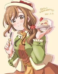 Rule 34 | 1girl, 2021, arms up, bow, breasts, brown hair, cake, dated, dress, flower, food, fork, fruit, green jacket, hair flower, hair ornament, hat, hat bow, highres, holding, jacket, kunikida hanamaru, long hair, looking at viewer, love live!, love live! sunshine!!, low ponytail, medium breasts, official alternate costume, open clothes, open jacket, orange dress, plate, red bow, sakanahachi, side ponytail, sidelocks, simple background, smile, solo, strawberry, upper body, yellow background, yellow eyes, yellow hat
