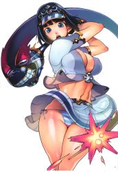 Rule 34 | 1girl, absurdres, ancient princess menace, bad id, bad pixiv id, black hair, blue eyes, blush, body blush, breasts, cleavage, cosplay, covered erect nipples, crop top, curvy, f.s., highres, large breasts, menace (queen&#039;s blade), menace (queen's blade), panties, queen&#039;s blade, queen&#039;s blade rebellion, saliva, setra, short hair, side-tie panties, solo, striped clothes, striped panties, swing, tears, underwear, visor, visor cap