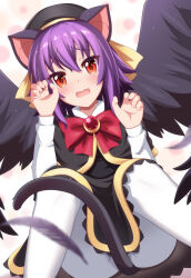 Rule 34 | 1girl, animal ears, blush, bunny1219, cat ears, cat tail, feathered wings, hat, highres, pantyhose, purple hair, red eyes, short hair, sister quest, solo, tail, white pantyhose, wings