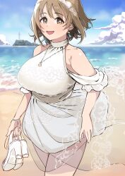 Rule 34 | 1girl, absurdres, bare shoulders, beach, blue sky, blush, bow, bracelet, breasts, brown eyes, brown hair, cloud, collarbone, cowboy shot, day, dot nose, dress, earrings, hair bow, hair ribbon, hairband, high heels, highres, holding, holding clothes, holding footwear, idolmaster, idolmaster cinderella girls, idolmaster cinderella girls starlight stage, island, jewelry, lace, lace-trimmed dress, lace hairband, lace trim, large breasts, lighthouse, looking at viewer, mimura kanako, necklace, ocean, off-shoulder dress, off shoulder, open mouth, outdoors, plump, ribbon, see-through, short hair, sky, smile, solo, standing, ushimochi, white dress, white footwear, white ribbon