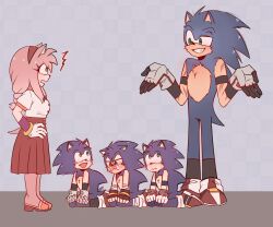 Rule 34 | 1girl, 4boys, aged up, amy rose, animal ears, blue hair, blush, body fur, breasts, child, father and son, full body, furry, furry female, gloves, green eyes, heterochromia, highres, long hair, male focus, mother and son, multiple boys, open mouth, pink hair, simple background, smile, sonic (series), sonic the hedgehog, spiked hair, standing, tail, tail wagging, tears, teeth, white gloves, yolomagnolia