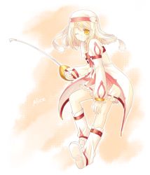 Rule 34 | 00s, 1girl, alice (tales), blonde hair, bloomers, boots, character name, knee boots, one eye closed, rapier, saber (weapon), short hair, smile, solo, sword, tales of (series), tales of symphonia, tales of symphonia: dawn of the new world, underwear, weapon, white bloomers, wink, yellow eyes, yuzura (tsukiyuri)