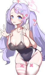Rule 34 | 1girl, absurdres, bandaid, bandaid hair ornament, blue archive, blue eyes, blush, breasts, cleavage, clothes pull, collarbone, competition swimsuit, covered navel, fang, hair ornament, halo, hanae (blue archive), hands up, hat, heart, heart halo, hetima0112, highres, large breasts, leaning forward, long hair, looking at viewer, nurse cap, one-piece swimsuit, one-piece swimsuit pull, open mouth, pill hair ornament, purple hair, sideboob, skin fang, skindentation, solo, swimsuit, thighhighs, twintails, white thighhighs