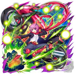 Rule 34 | 1girl, alternate eye color, alternate hair color, antennae, black coat, black pants, clenched hand, coat, full body, highres, long sleeves, motor vehicle, motorcycle, non-web source, official art, open clothes, open coat, open mouth, pants, pink eyes, pink hair, red footwear, rotte (1109), shirt, short hair, solo, touhou, touhou lostword, transparent background, white shirt, wriggle nightbug