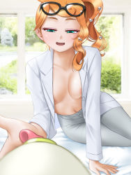 Rule 34 | 1girl, :d, areola slip, bed, bed sheet, bedroom, belly, bra, breasts, buttons, cleavage, coat, collarbone, creatures (company), denim, female focus, game freak, gen 8 pokemon, glasses, glasses on head, grass, green bra, green eyes, grey legwear, grey pants, hadairo rainbow, hair ornament, hairpin, half-closed eyes, heart, heart hair ornament, highres, jacket, jeans, lab coat, large breasts, licking, licking hand, looking at viewer, looking down, midriff, navel, nintendo, no bra, on bed, open clothes, open jacket, open mouth, orange hair, pants, pokemon, pokemon swsh, ponytail, sidelocks, skirt, smile, solo focus, sonia (pokemon), stomach, swept bangs, teal bra, tongue, underwear, unworn shirt, white coat, window, yamper