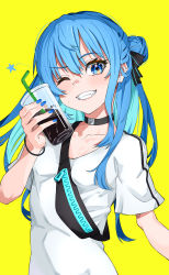 Rule 34 | 1girl, absurdres, alternate costume, aqua hair, bag, blue eyes, blue hair, blush, breasts, choker, clenched teeth, collarbone, colored inner hair, commentary request, cup, disposable cup, drinking straw, hair bun, hair ribbon, head tilt, highres, holding, hololive, hoshimachi suisei, long hair, looking at viewer, multicolored hair, one eye closed, r h 0502, ribbon, shadow, shirt, short sleeves, sidelocks, simple background, single side bun, small breasts, solo, star (symbol), sweatdrop, t-shirt, teeth, upper body, virtual youtuber, white shirt, yellow background, zipper
