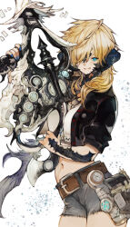 Rule 34 | 1girl, belt, blonde hair, blue eyes, breasts, crop top, cropped jacket, final fantasy, final fantasy xiv, gun, hair over one eye, highres, holding, holding gun, holding weapon, jacket, kemomin nosuke, long hair, looking at viewer, machinist (final fantasy), medium breasts, midriff, navel, open clothes, open jacket, scales, shorts, solo, warrior of light (ff14), weapon