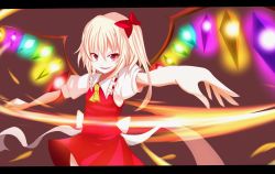 Rule 34 | 1girl, ascot, blonde hair, bow, dress, fang, female focus, fire, flandre scarlet, furagu, glowing, hair bow, highres, letterboxed, no headwear, red eyes, side ponytail, slit pupils, smirk, solo, touhou, wings