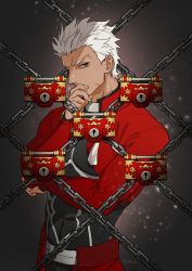 Rule 34 | 1boy, ace attorney, archer (fate), armor, chain, covering own mouth, dark-skinned male, dark skin, expressionless, fate/stay night, fate (series), g0ringo, grey background, grey eyes, light particles, lock, looking at viewer, male focus, parody, signature, solo, upper body, white hair