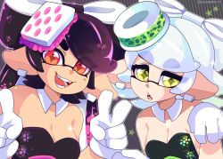 Rule 34 | + +, 2girls, :d, artist name, black dress, breasts, callie (splatoon), cleavage, commentary, cousins, detached collar, double v, dress, earrings, english commentary, fang, fangs, food, food on head, gloves, jewelry, long hair, looking at viewer, marie (splatoon), medium breasts, mole, mole under eye, multiple girls, nintendo, object on head, open mouth, orange eyes, paw pose, pointy ears, purple hair, queen ashi, short hair, signature, silver hair, smile, splatoon (series), splatoon 1, star (symbol), strapless, strapless dress, striped, striped background, sushi, tentacle hair, tentacles, thick eyebrows, translucent hair, twitter username, v, white gloves, yellow eyes